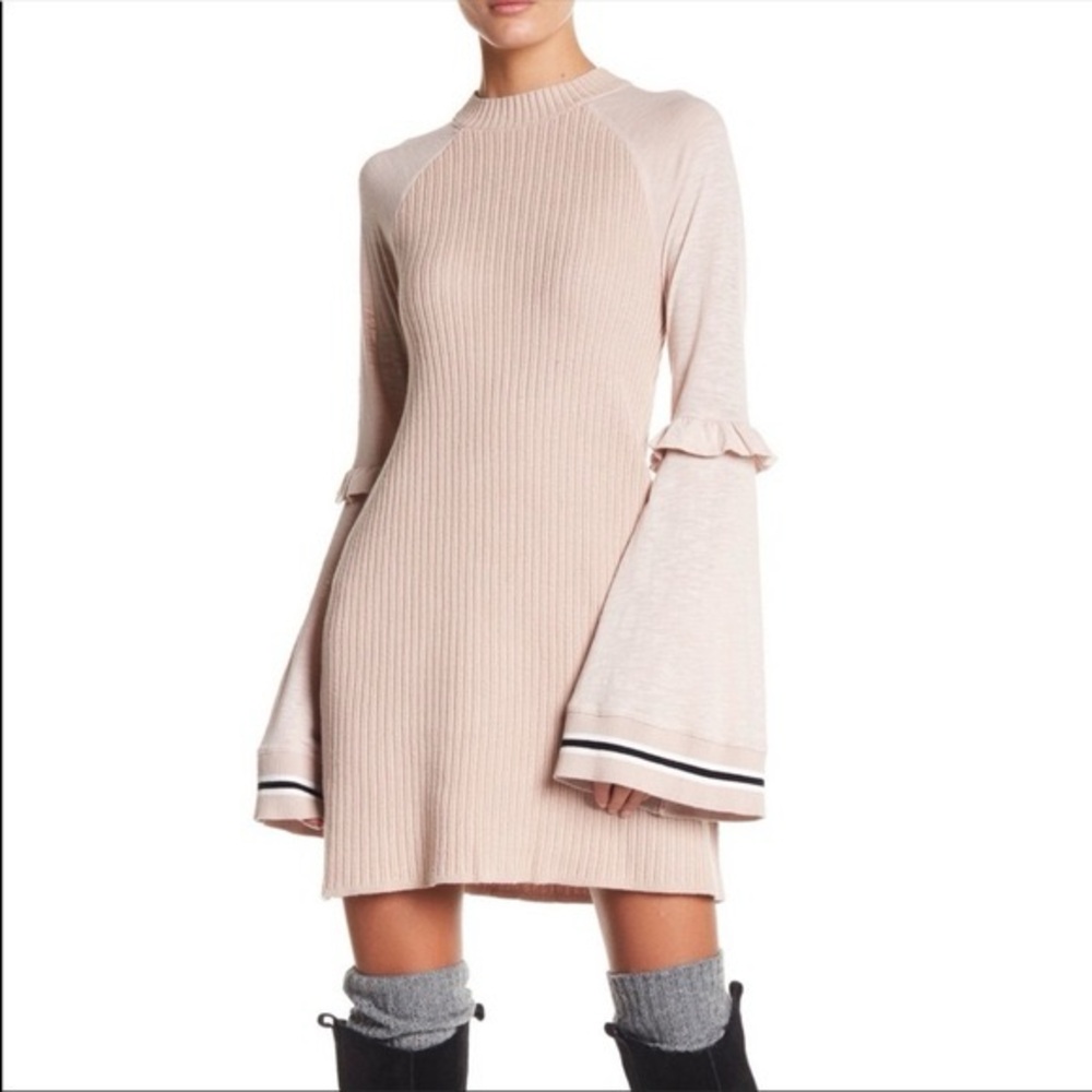 NWT Free People Women Bell Sleeve Sweater Shift Mini Fall Dress Pink Ruffle OBO